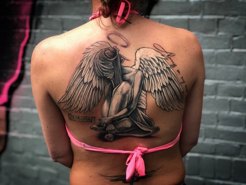 Angel backpiece tattoo by Peter van der Helm - Walls and Skin